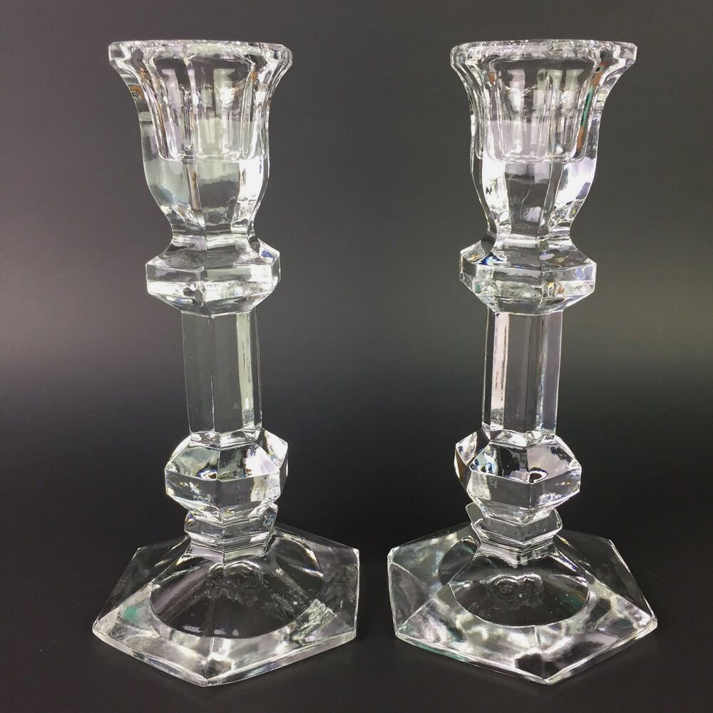 2 Vtg Block Poland Clear Lead Crystal Candlestick Candle Holders Hexagon 7" H
